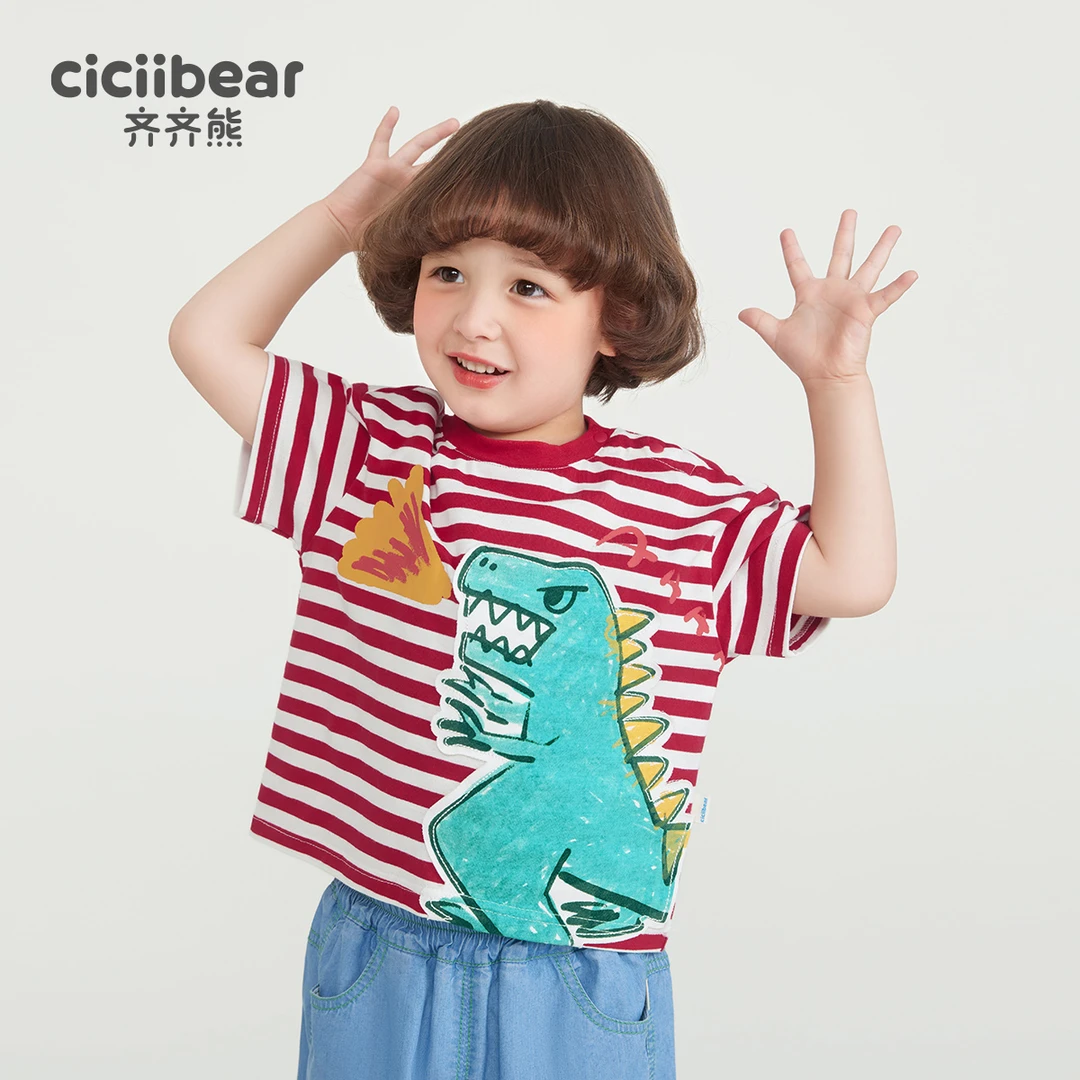 男女童短恐龙袖t恤休闲圆领条纹体恤儿童Q101904