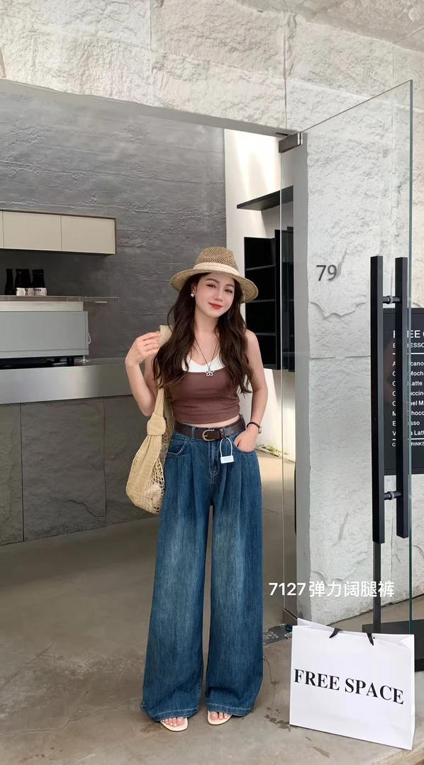 复古港风高腰显瘦垂感阔腿拖地牛仔裤女早秋新款