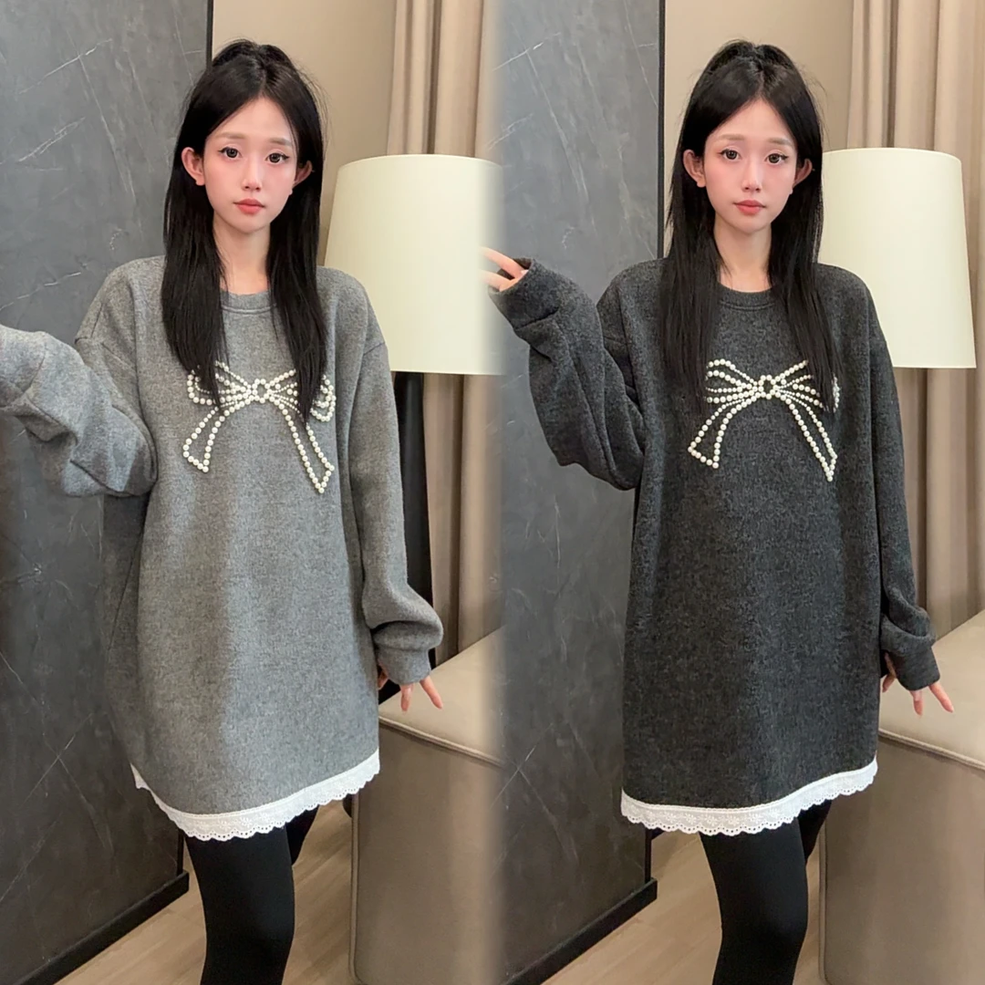 二姐的宝藏冬季蝴蝶结钉珠德绒拼接蕾丝套头长袖卫衣#25502