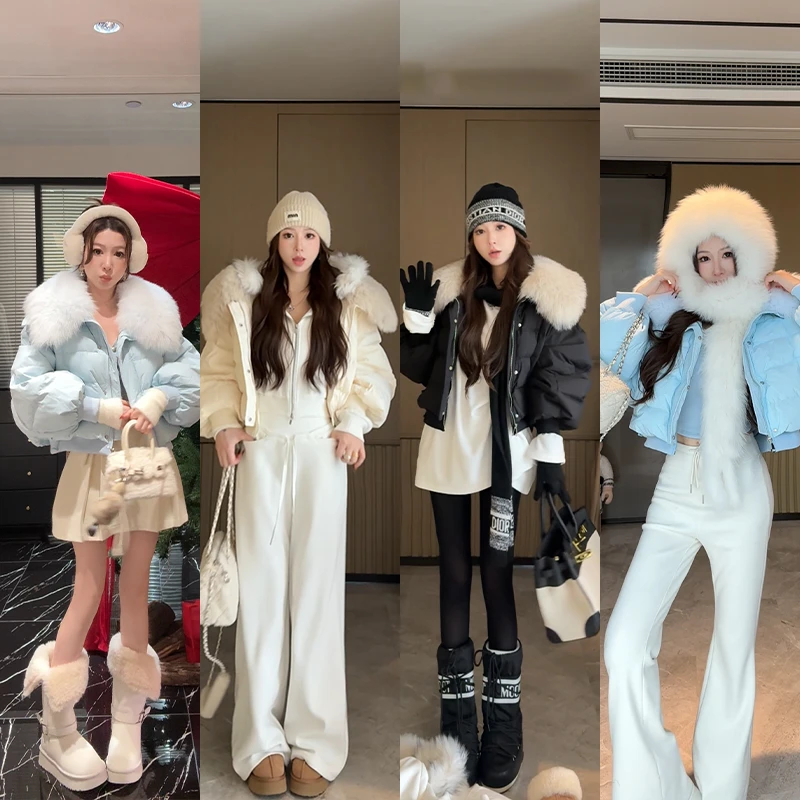 小雨姐姐【香花泡芙】蝙蝠袖暖狐狸毛毛领短款90白鸭绒羽绒服女冬款