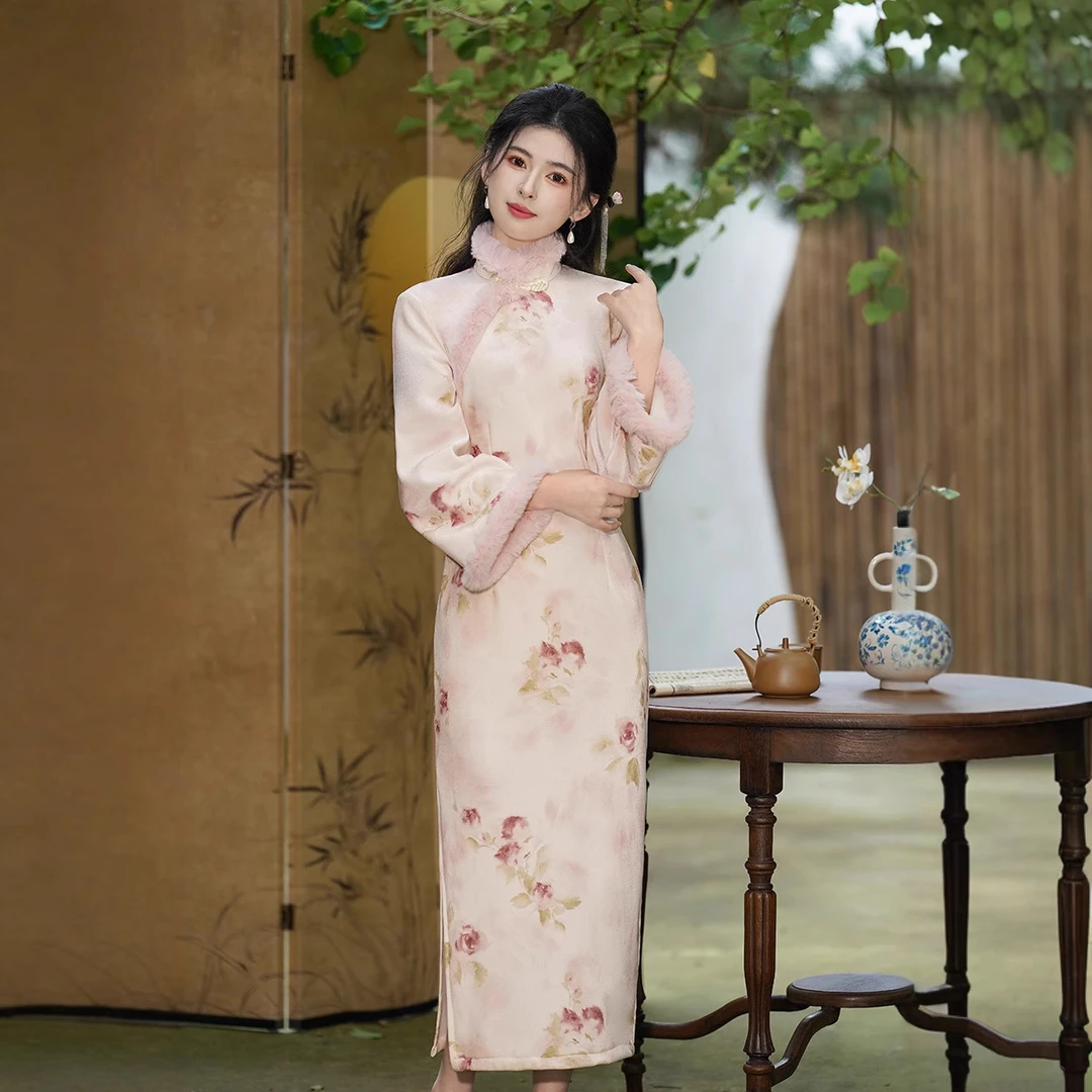 【蝶桃】冬季新款丝绒加绒改良时尚女旗袍名媛御姐风宴会礼服长旗袍