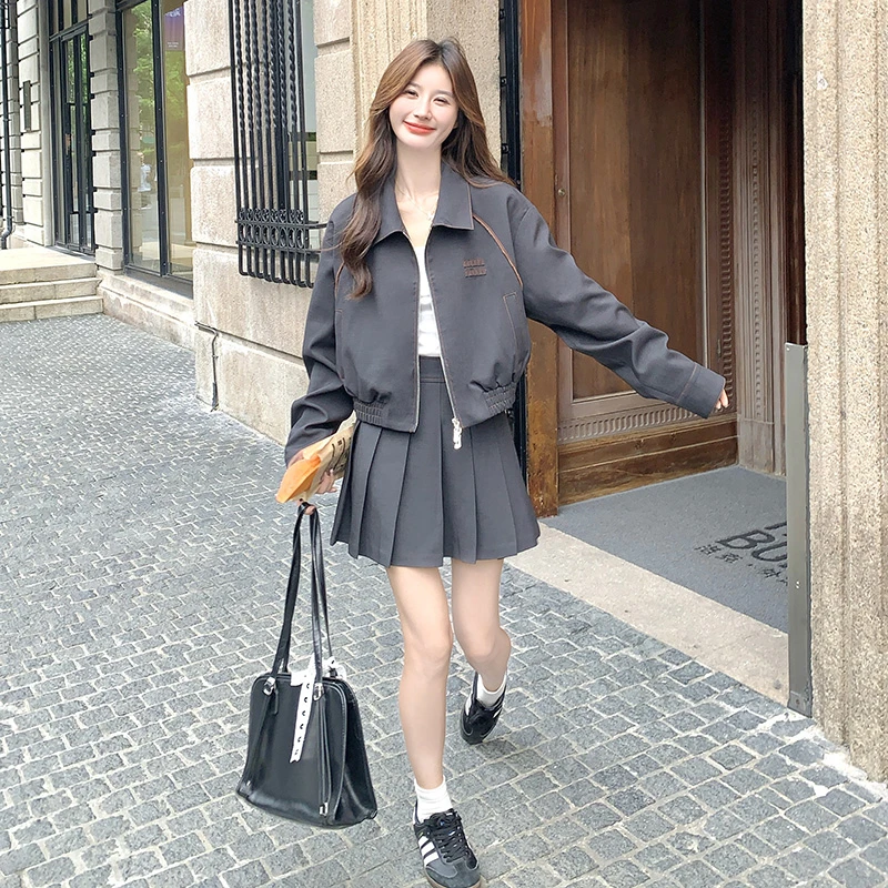 学院风穿搭miu风夹克套装女秋季2025新款休闲小个子百褶裙两件套