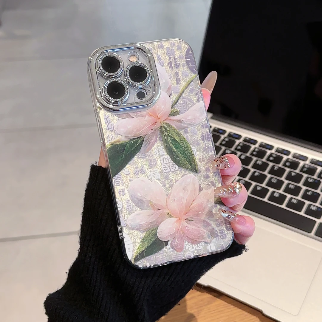 百福图茉莉花支架镜头膜保护壳适用于苹果vivo华为oppo羽纱手机壳