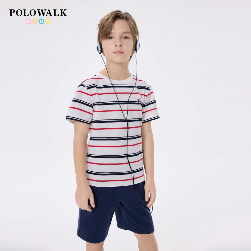 POLOWALK童装2025秋冬新品男童条纹短袖圆短袖T恤W522F1101