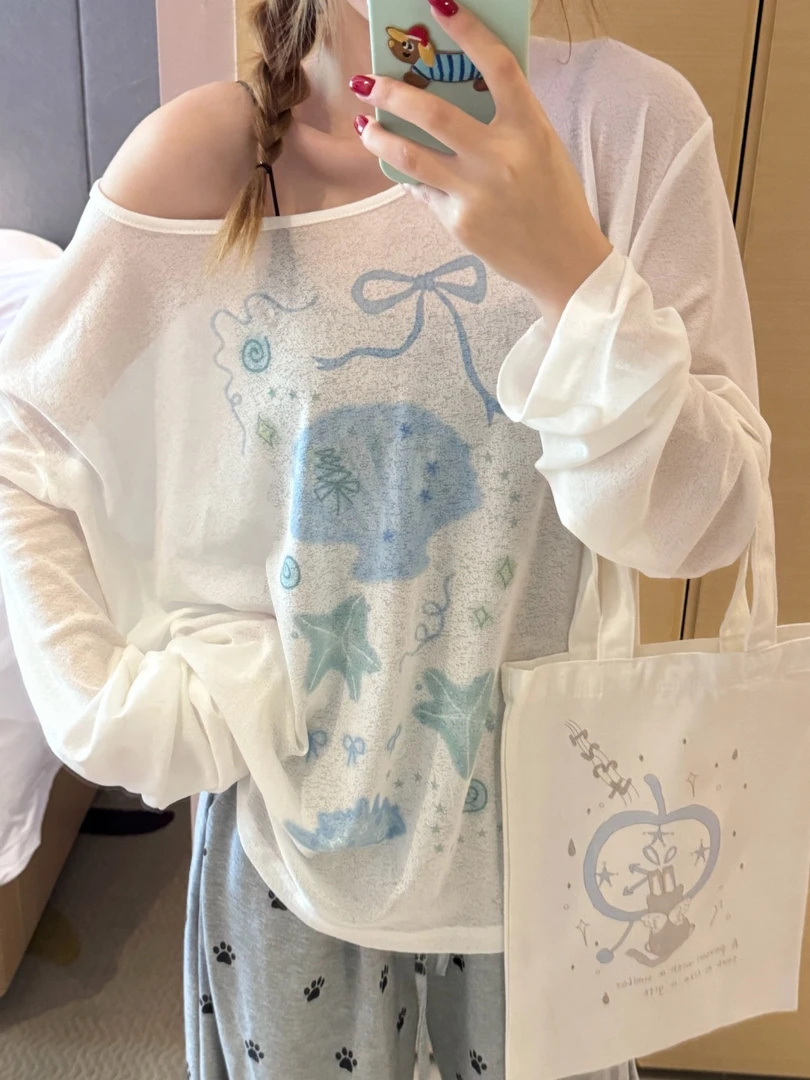 小众慵懒风贝壳印花罩衫宽松圆领长袖T恤女夏季薄款防晒斜肩上衣
