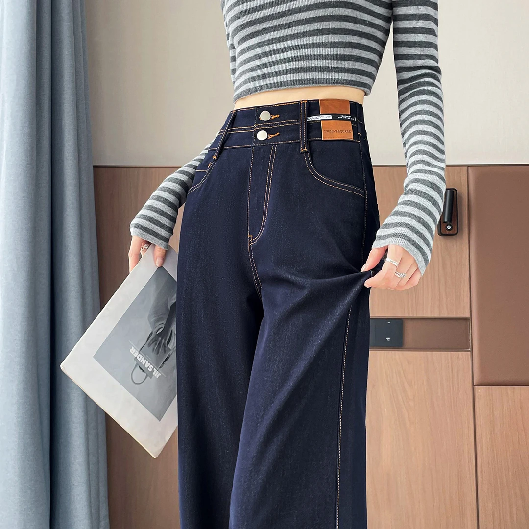 原蓝色窄版直筒牛仔裤女春秋季2025爆款高腰垂感显瘦气质阔腿裤子