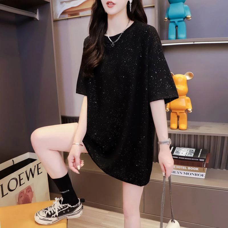 大码女装300斤烫钻中长款短袖T恤大板体女显瘦夏季ins卫衣女款