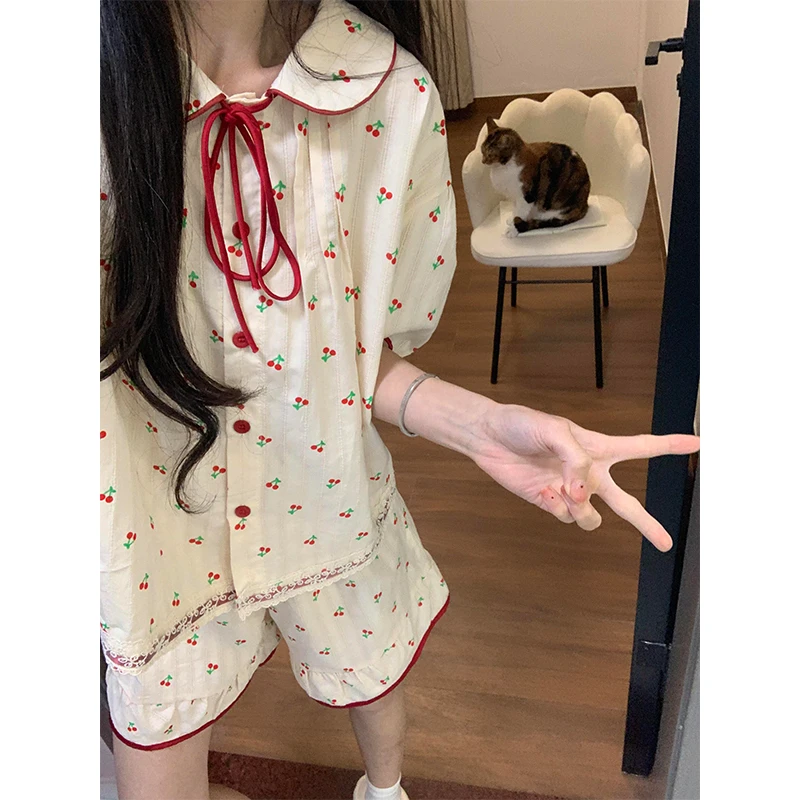 【刺绣蕾丝边】法系甜美可爱樱桃印花短袖睡衣女夏季爆款家居服套装