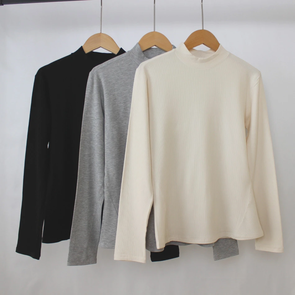 新款女士百搭半高领内搭修身打底衫螺纹拉毛上衣0851