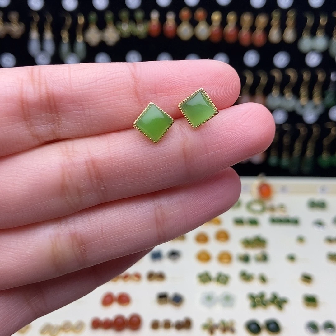 和田玉银S925镶嵌耳饰