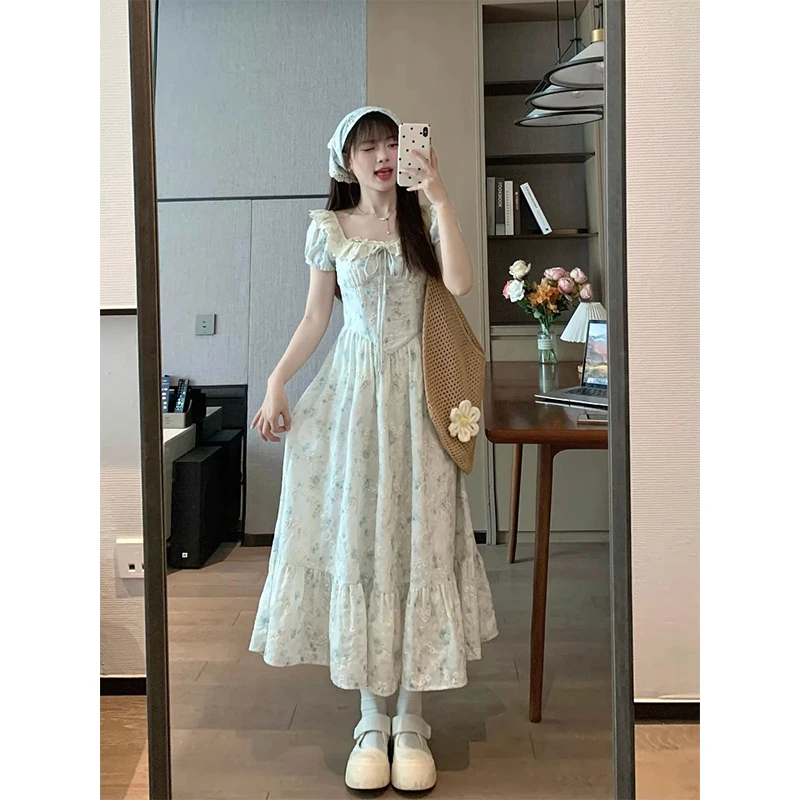 夏新款甜美清新气质碎花连衣裙法式温柔独特漂亮收腰短袖中长裙子