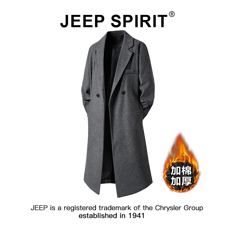 JEEPSPIRIT吉普中长款过膝毛呢大衣男款冬季加棉加厚保暖韩版外套