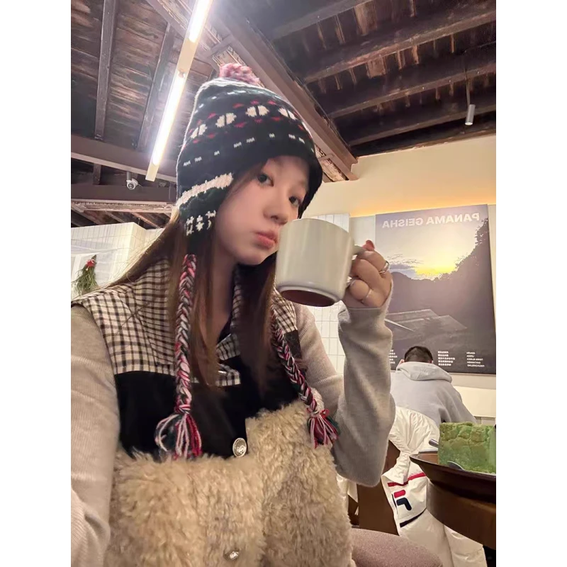 韩系羊羔毛格子马甲时髦洋气独特漂亮巨好看背心外穿31883