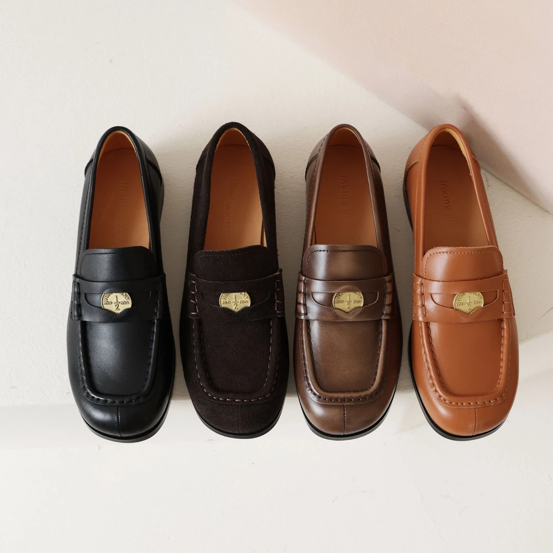 Inking Pot新款英伦风金币乐福鞋女鞋方头平底小皮鞋做旧单鞋