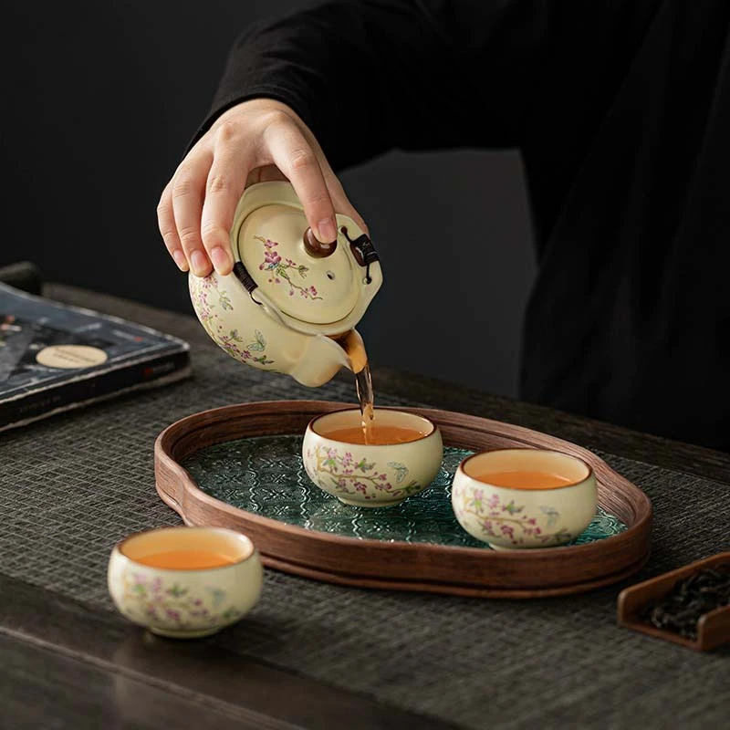 米黄汝窑盖碗手抓壶女士精致一壶二杯单人防烫泡茶壶功夫茶具套装
