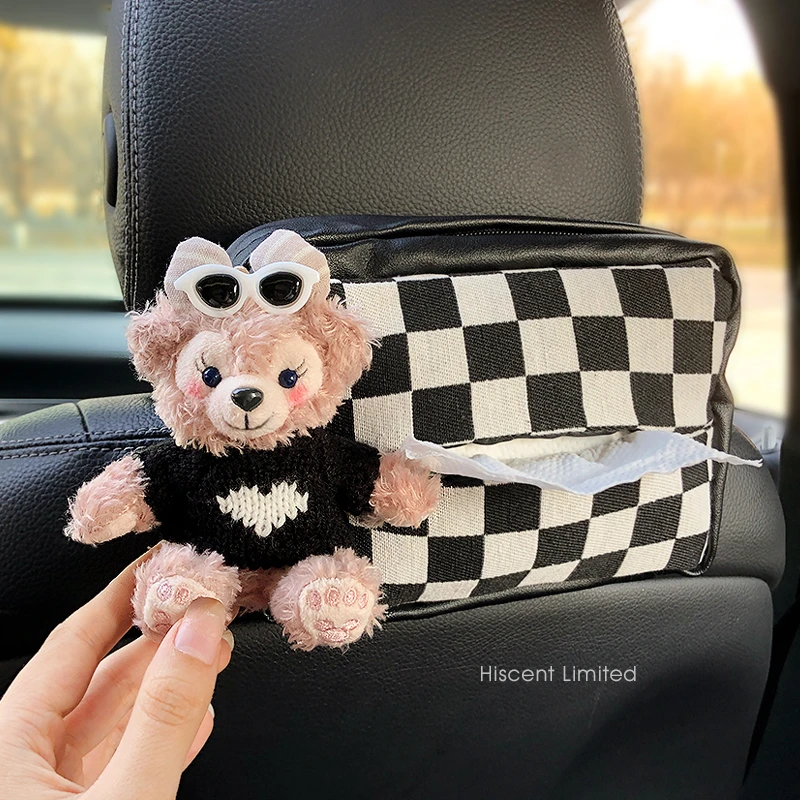 可爱卡通玫玫棋盘格车载纸巾盒汽车扶手箱高级后排椅背抽纸盒纸抽
