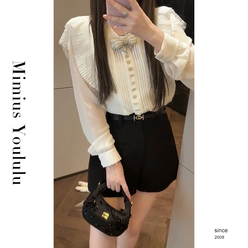 【mimius】肉肉 法式温柔风琴褶花边重工长袖衬衫 G02274