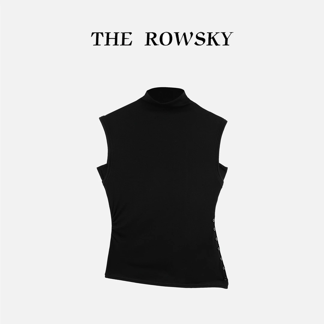 杨圣坤2025秋季新品极简风侧纽扣半高领修身显瘦无袖T恤SL258501