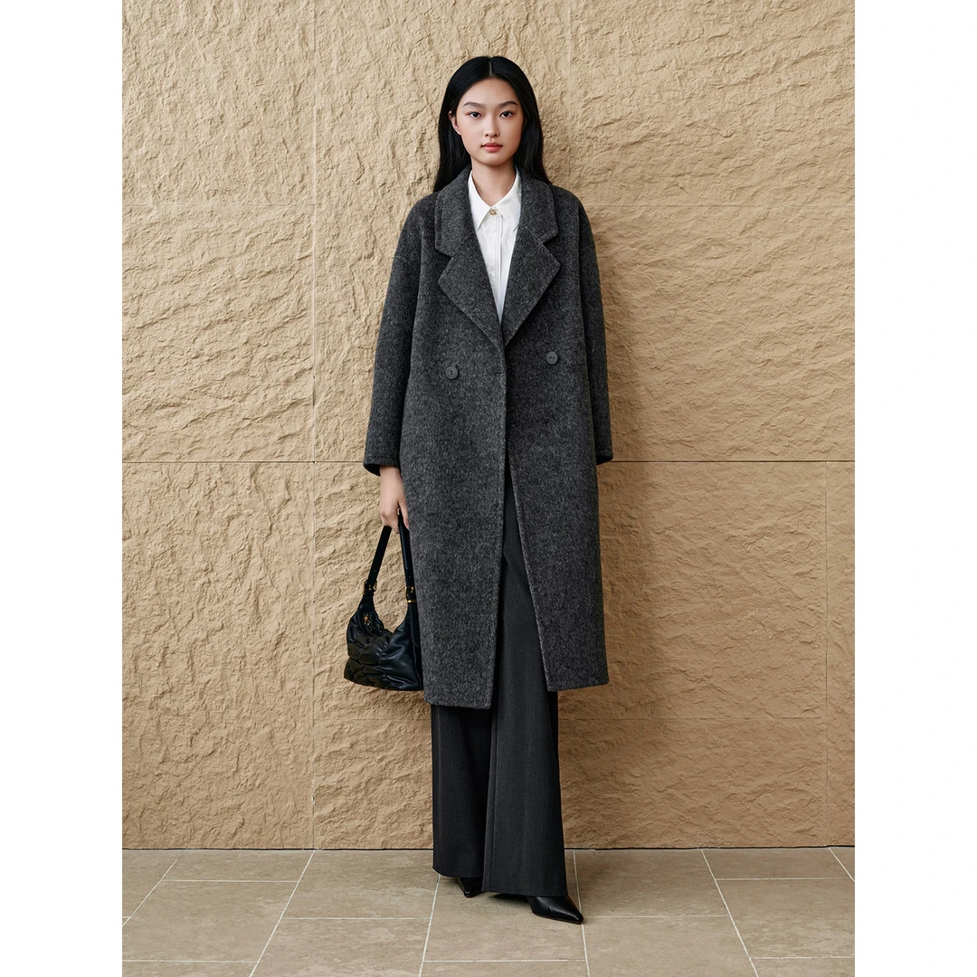 INSUN恩裳专选2025冬季经典宽松长款羊毛双面呢大衣9C65580100