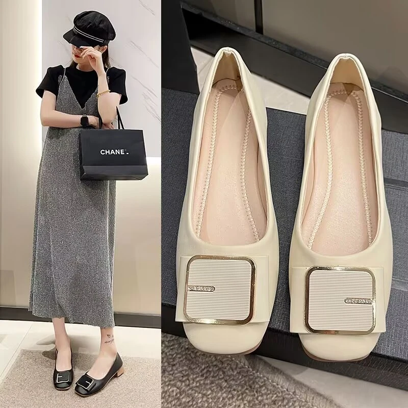 高品质牛筋软底单鞋女粗跟新款百搭一脚蹬浅口瓢鞋蝴蝶结平底单鞋