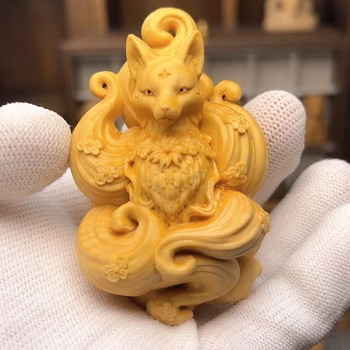 凤九手把件黄杨木九尾狐