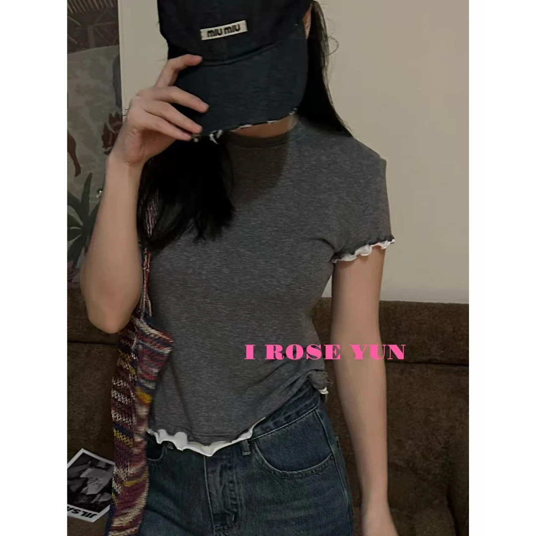 【Rose Yun】兰精天丝羊毛撞色木耳花边假两件短袖上衣 JY065054