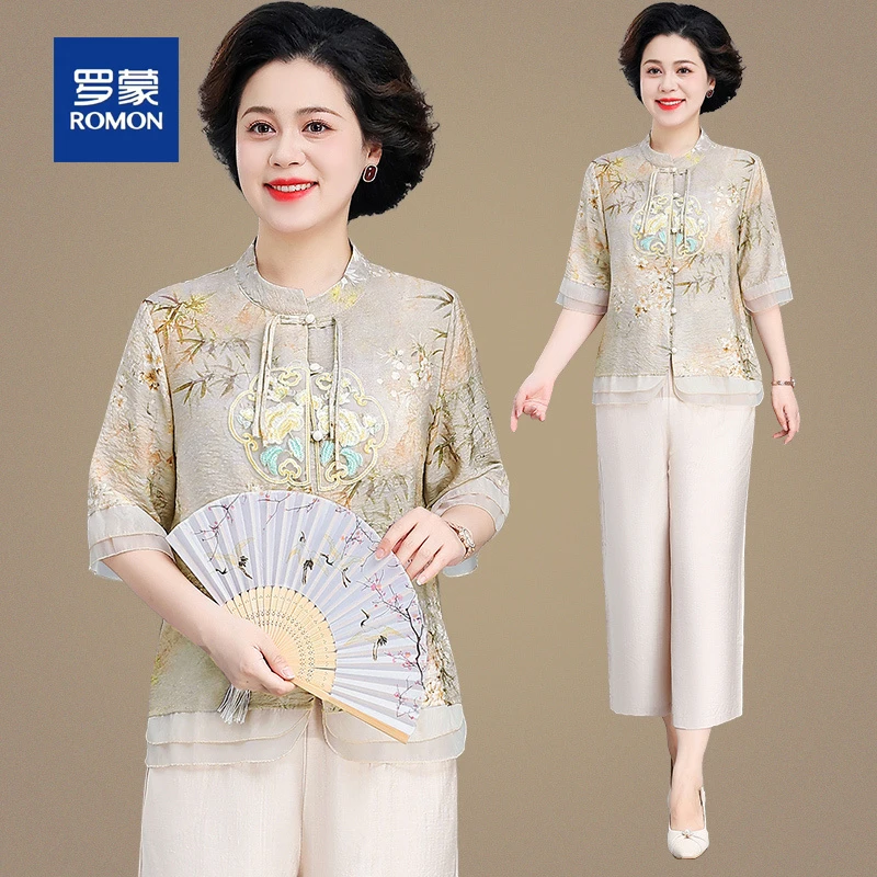 罗蒙新中式国风短袖妈妈套装女夏季新款洋气印花中老年人小衫女
