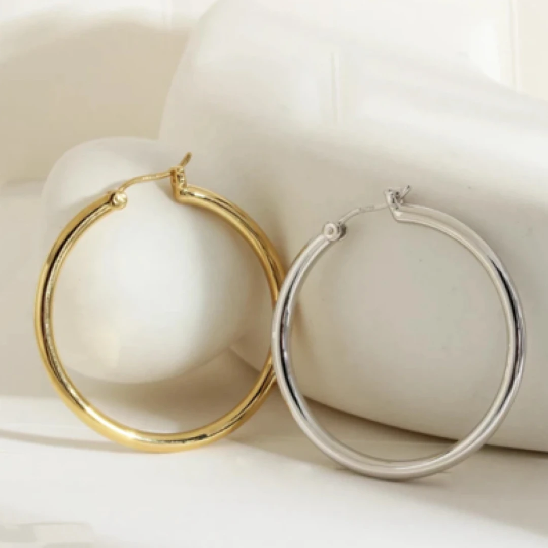 诗牧18k金大圆月耳圈欧美极简时尚气质ins风个性耳环36mm百搭简约