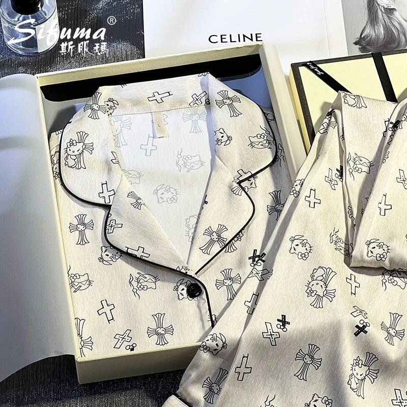 Sifuma/斯服玛《Kitty猫》春秋丝质长袖两件套装睡衣家居服女