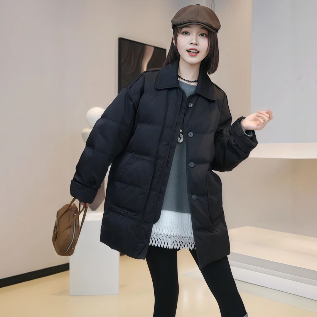 中长款大口袋单排扣羽绒服女2025冬季大码胖MM通勤保暖翻领外套