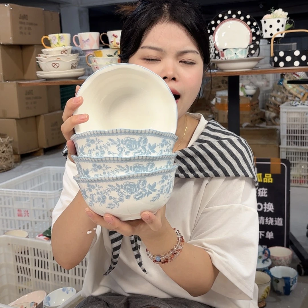 瓷微瑕陶瓷餐具釉下彩6寸碗4个