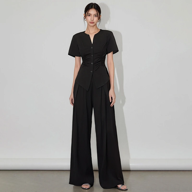 夏季显瘦时尚套装女士短袖收腰上衣高腰阔腿长裤两件套HBZC622043