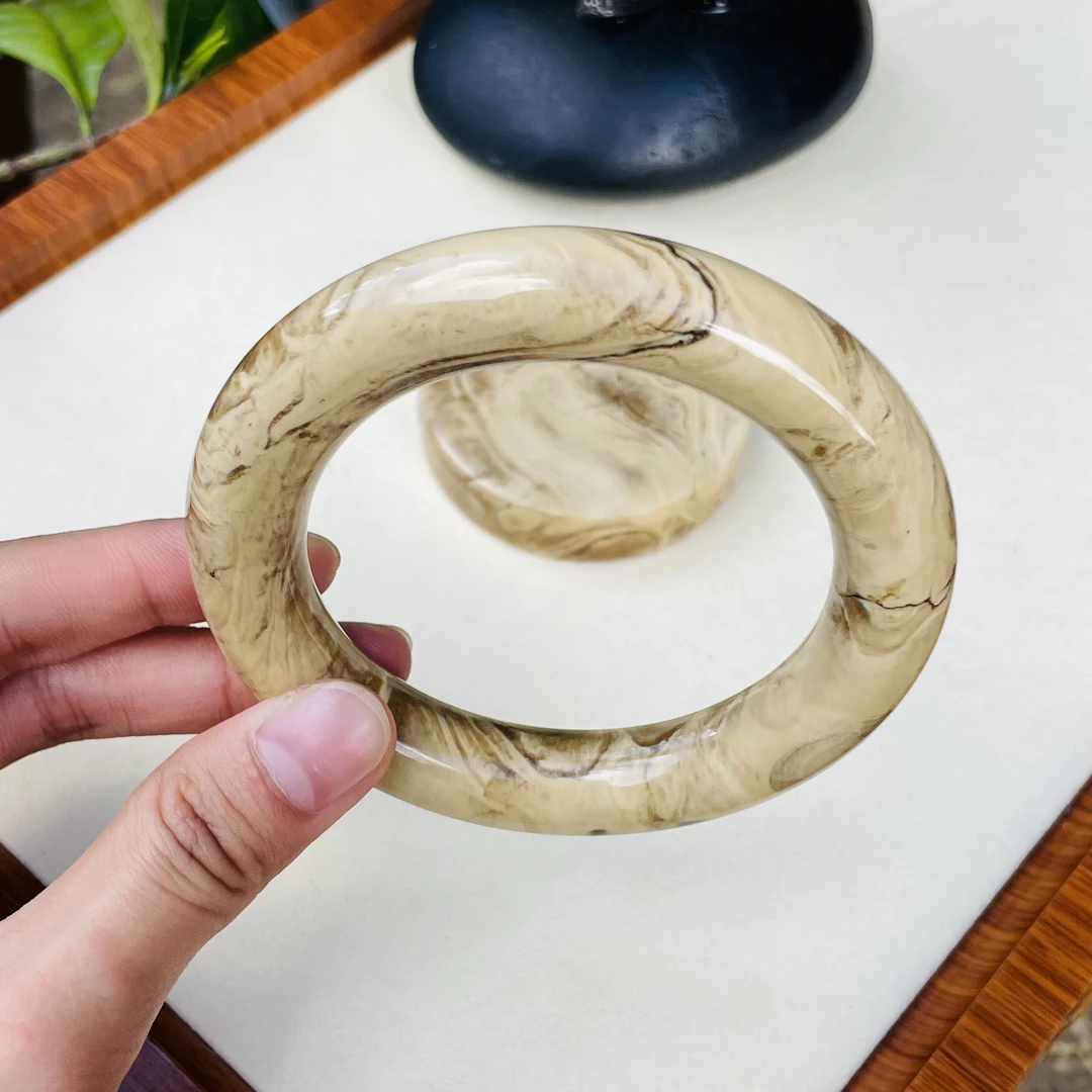 蓉百万珠宝【天然缅甸琥珀（收藏妖花白根）圆条手镯 圈口58/宽厚13】