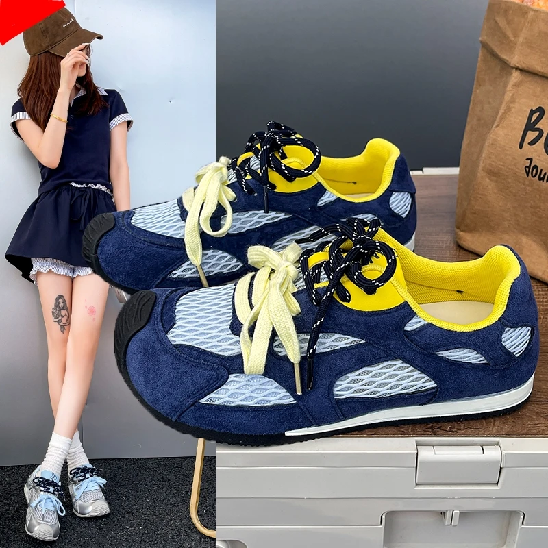 爆款渔网歪头德训鞋女2025夏季新款巴黎时装秀设计拼色百搭休闲鞋