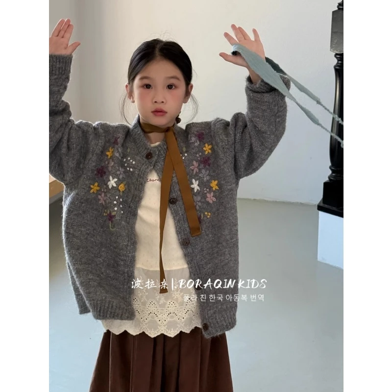 波拉亲亲子BORAQIN韩版童装2025秋冬季儿童纯色复古花纹毛衣开衫