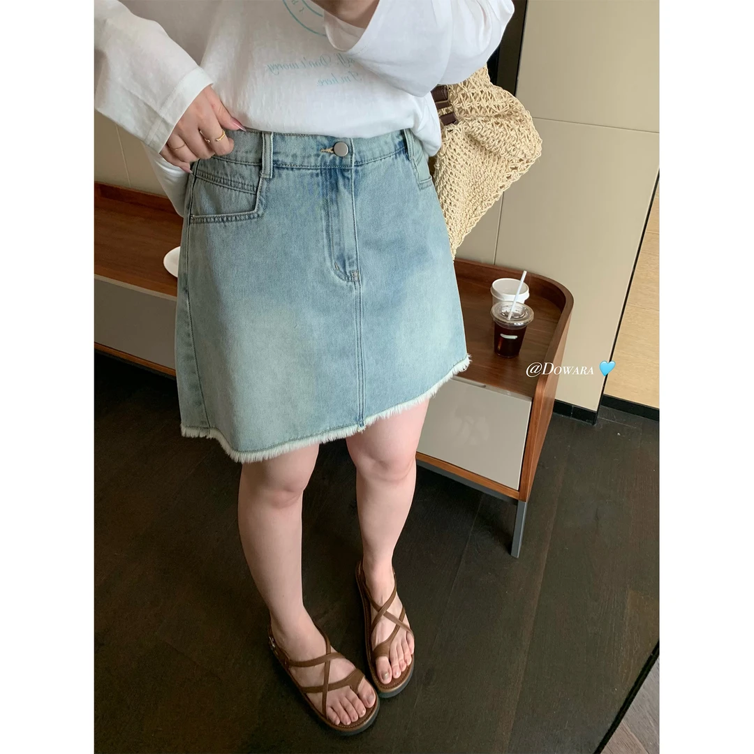 现货大婉酱微胖定制水洗毛边牛仔短裙夏季显瘦a字浅色半身裙6735D