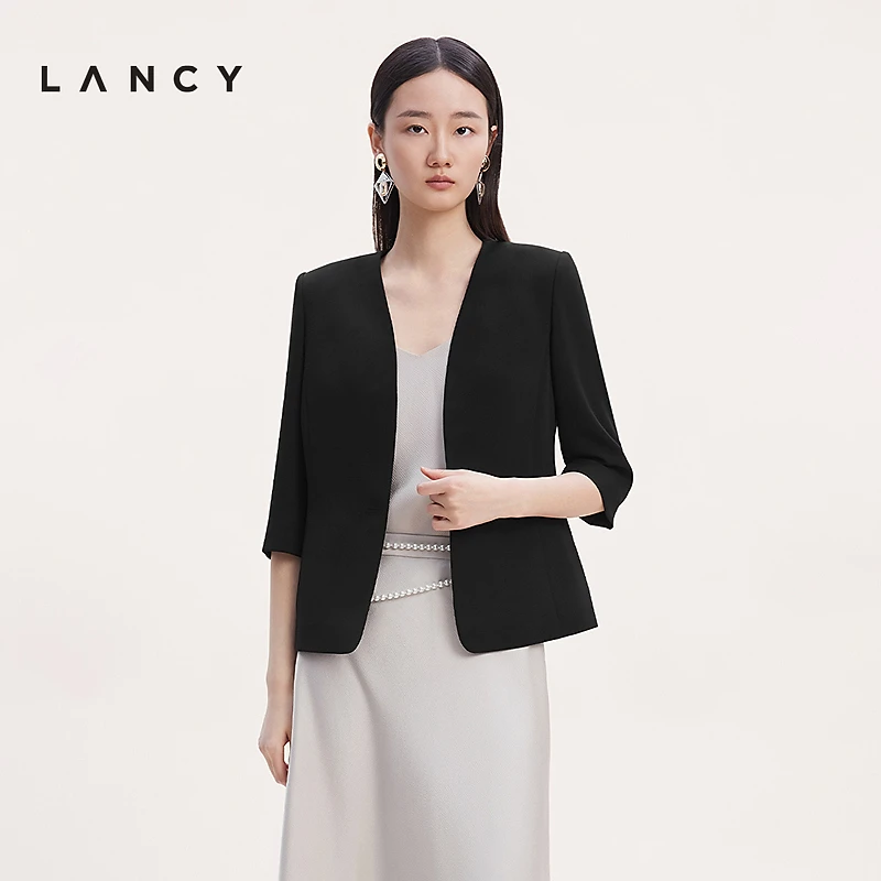 LANCY/朗姿2025年秋新款气质通勤无领西装女三醋酸七分袖黑色外套