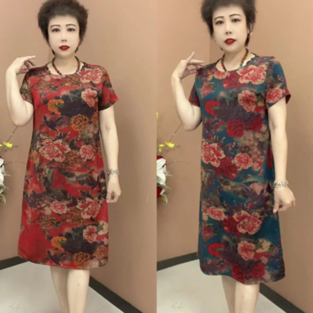 中老年女装中老年圆领中长款复古印花时尚旗袍裙