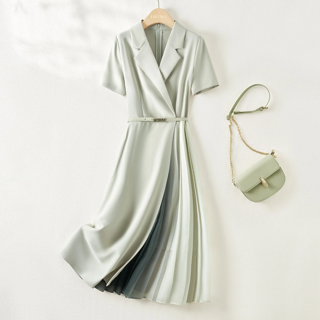 IHIMI/海谧2025夏新款女简约轻职场腰带连衣裙渐变百褶收腰西装裙