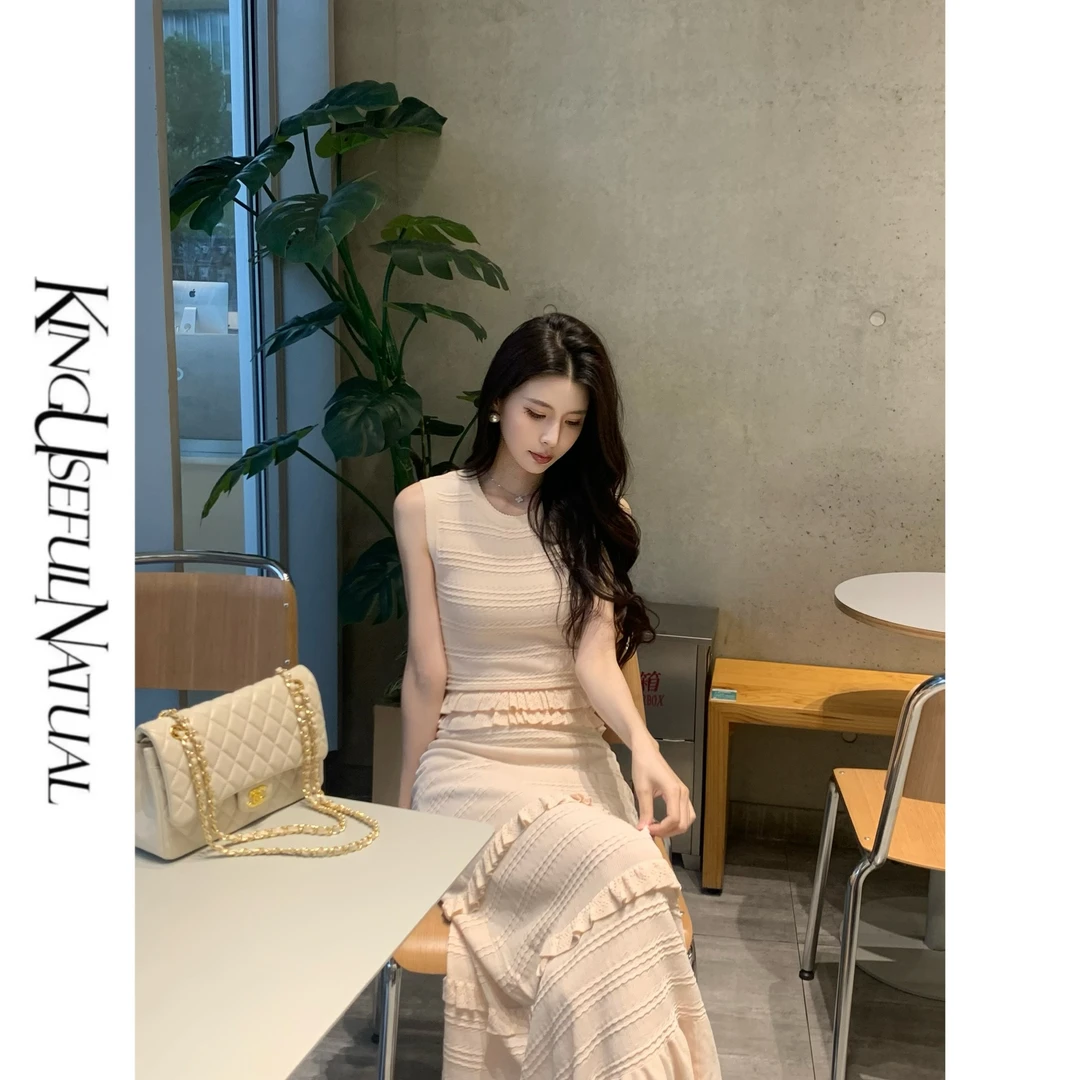 KUN【苏格兰画廊】甜美千金风 特别杏粉花边针织镂空显瘦新品连衣裙