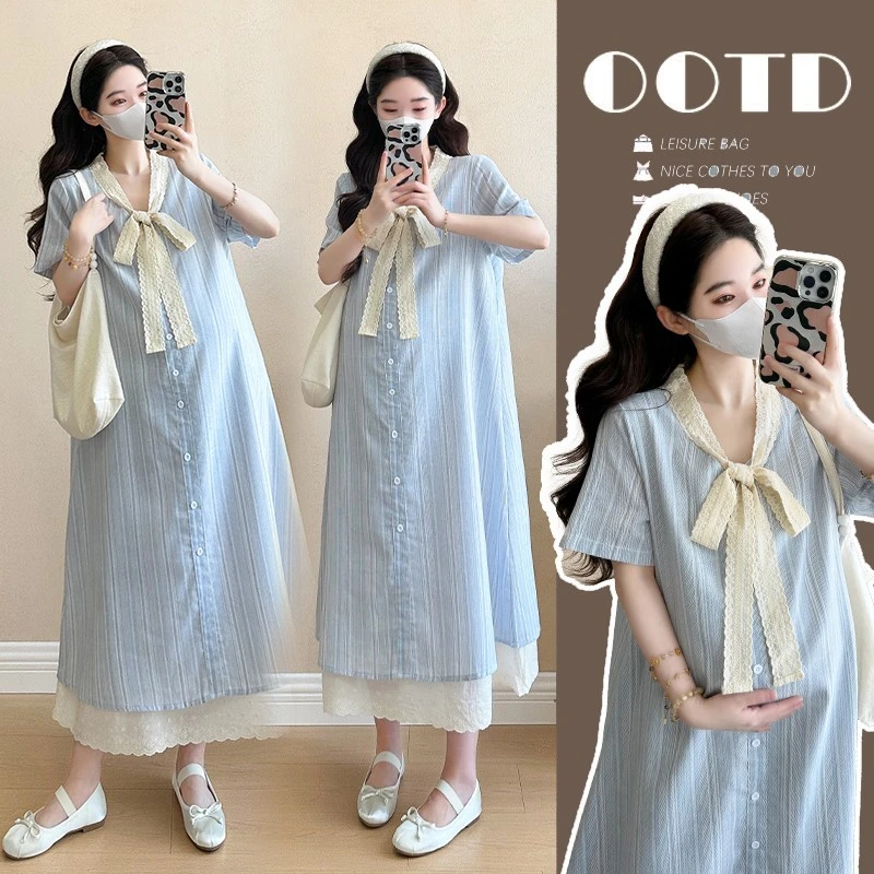 孕妇装夏装2025新款夏季外穿单排扣蕾丝拼接蝴蝶结假两件连衣裙子