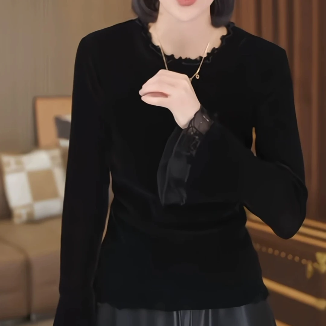 欧货时尚设计感蕾丝拼接丝绒显瘦长袖T恤上衣打底衫T恤气质大码女
