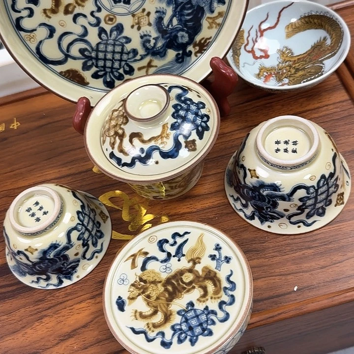 瓷片釉里金狮子5件套景德镇