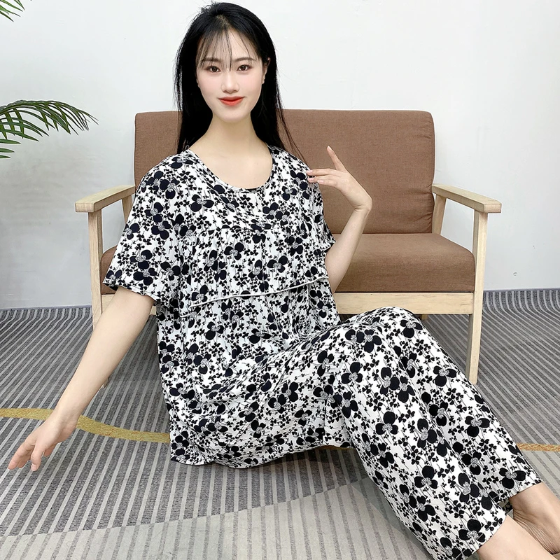 防凸点棉绸睡衣短袖长裤套装女夏季薄款无胸垫家居服可外穿Y112