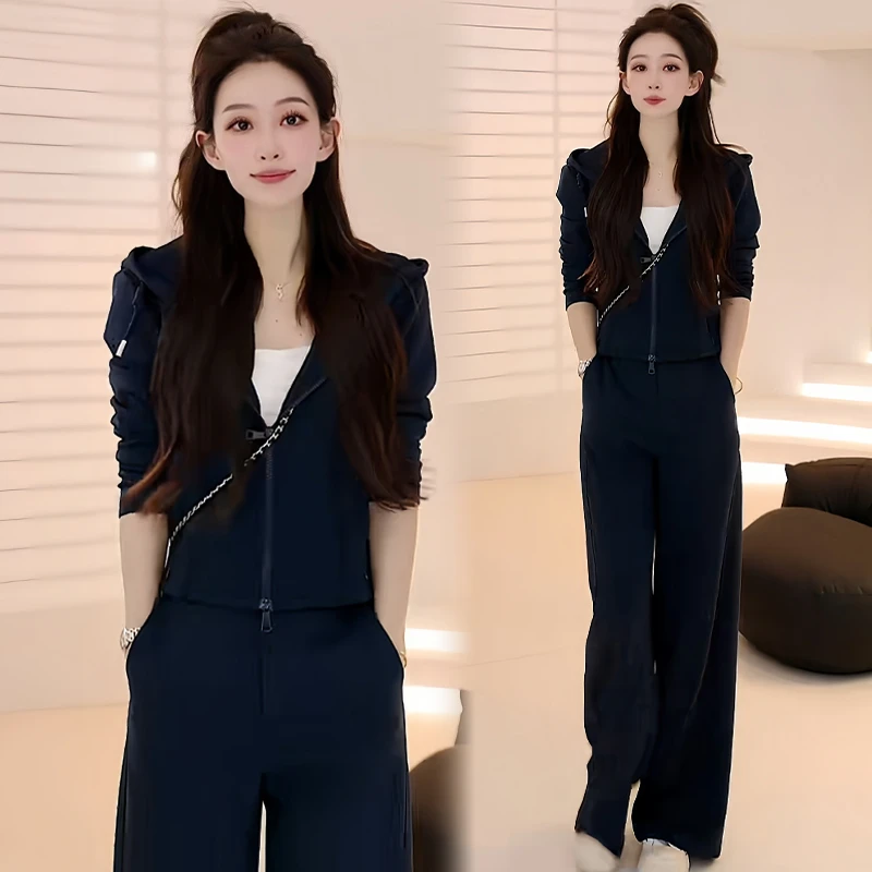 高含棉拼接休闲运动套装女2025年春秋新款宽松连帽卫衣长裤两件套