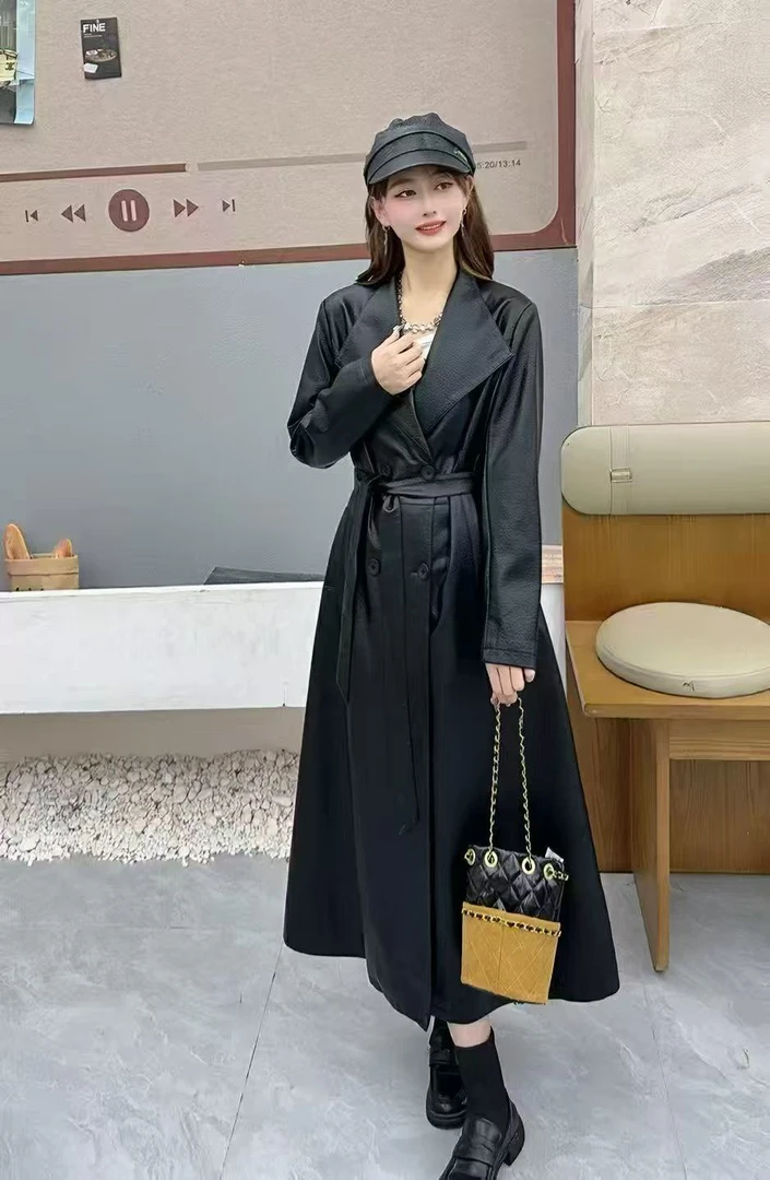 秋季宽松型长款半开领中长款女装网红收腰皮衣【8806】