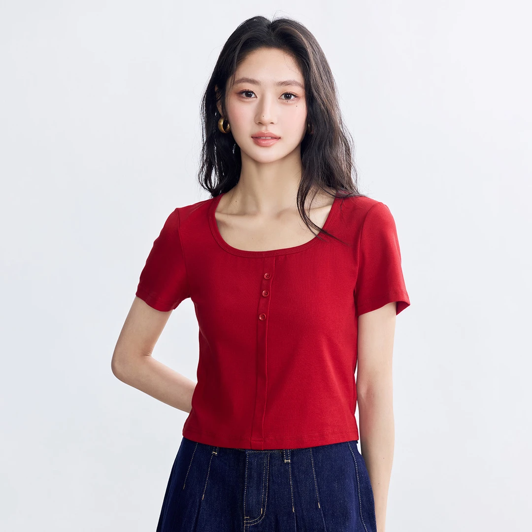 法式复古U领短袖T恤女2025夏季修身显瘦露锁骨百搭套头上衣