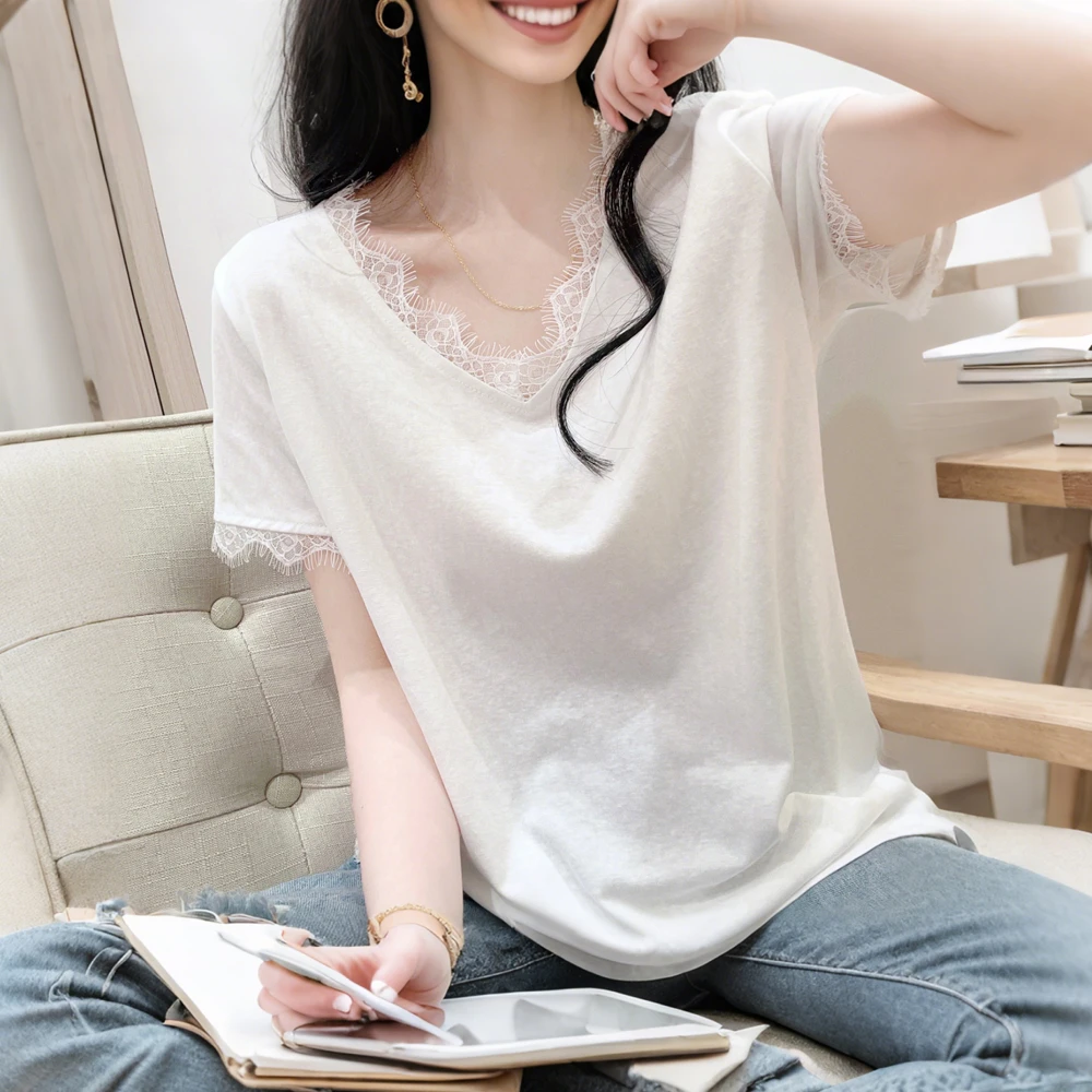 雪花棉v领短袖T恤女夏季2025新款设计感慵懒小个子宽松上衣潮