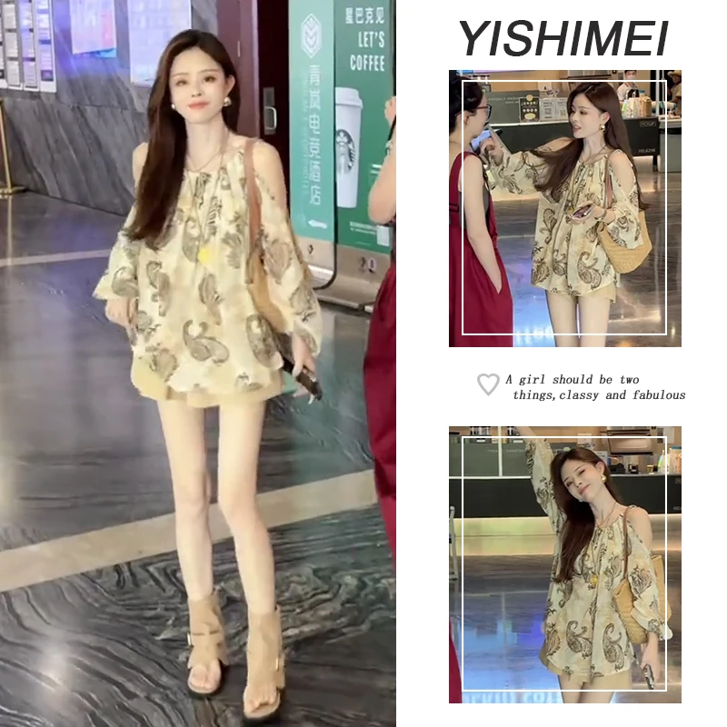 女装夏装套装2025新款爆款慵懒风印花长袖上衣百搭显瘦短裤两件套