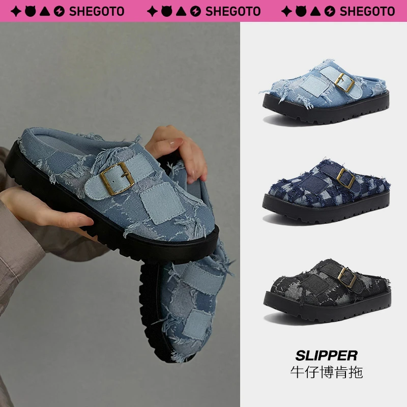 SHEGOTO高级感手工水洗牛仔博肯拖鞋包头拖外穿情侣一脚蹬勃肯鞋